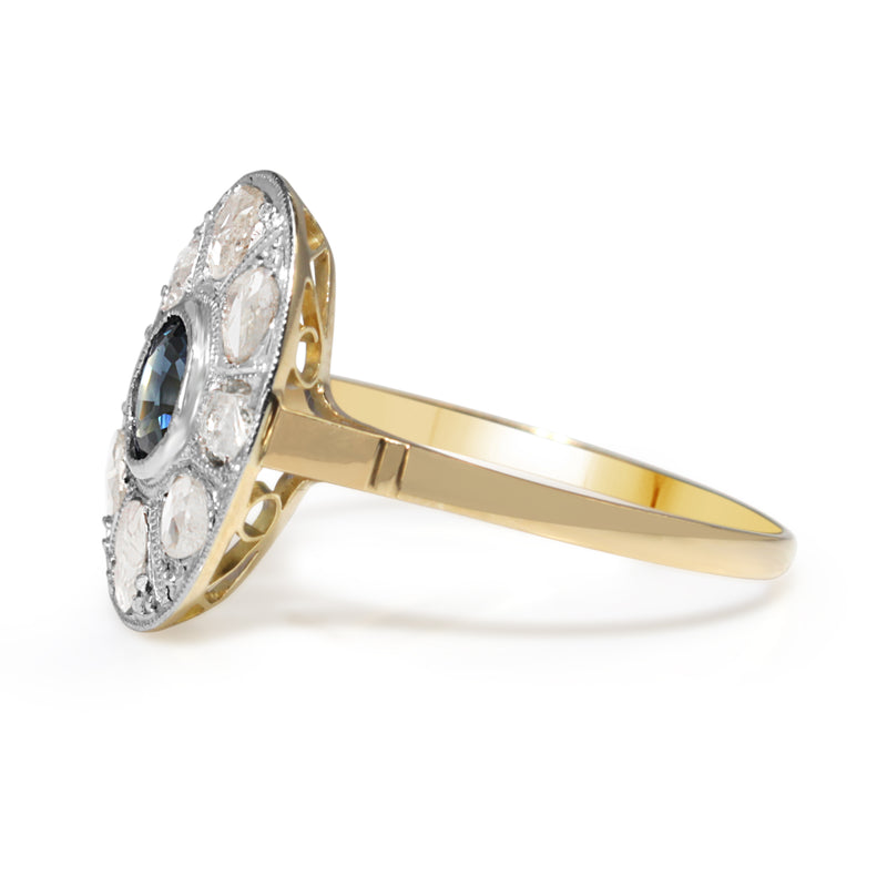 18ct Yellow and White Gold Antique Rose Cut Diamond and Sapphire Ring