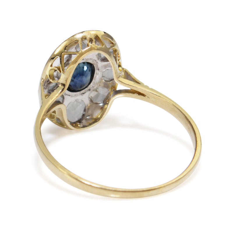 18ct Yellow and White Gold Antique Rose Cut Diamond and Sapphire Ring