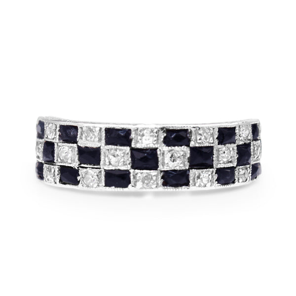 Platinum Art Deco Sapphire and Diamond Checkerboard Style Ring