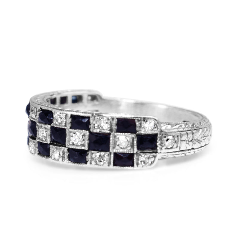 Platinum Art Deco Sapphire and Diamond Checkerboard Style Ring