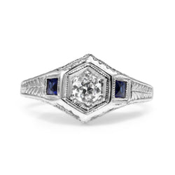 18ct White Gold Art Deco Old Cut Diamond and Sapphire Ring