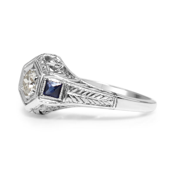 18ct White Gold Art Deco Old Cut Diamond and Sapphire Ring