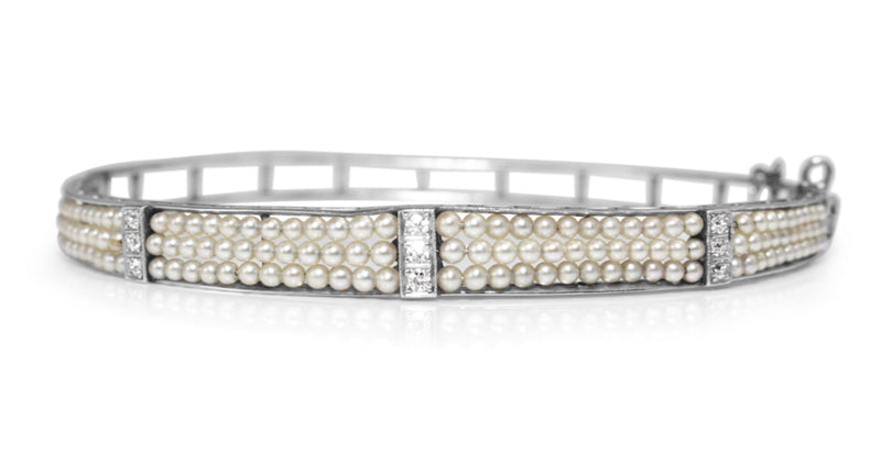 Platinum Antique Cultured Pearl and Diamond Bangle