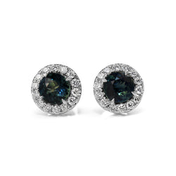 18ct White Gold Teal Sapphire and Diamond Halo Earrings