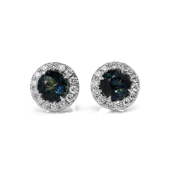 18ct White Gold Teal Sapphire and Diamond Halo Earrings