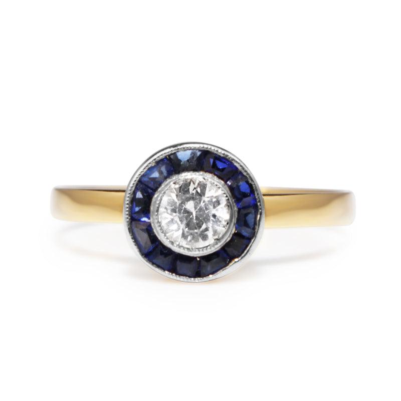 18ct Yellow and White Gold Art Deco Sapphire and Diamond 'Target' Ring