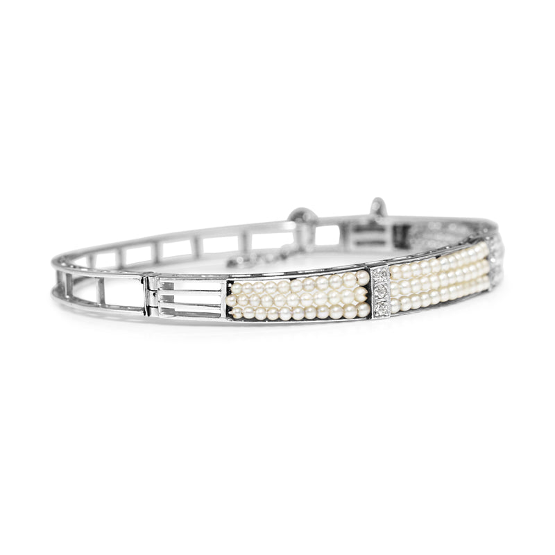 Platinum Antique Cultured Pearl and Diamond Bangle