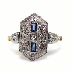 18ct Yellow and White Gold Art Deco Sapphire and Old Cut Diamond Ring