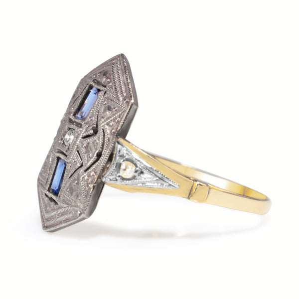 18ct Yellow and White Gold Art Deco Sapphire and Old Cut Diamond Ring