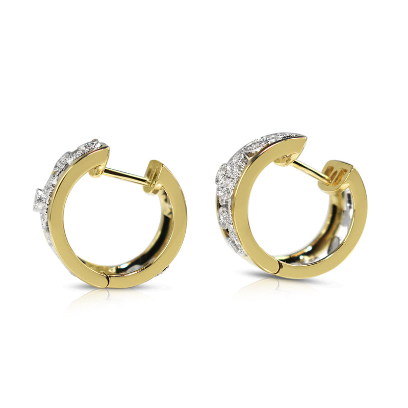 9ct Yellow and White Gold Floral Diamond Hoop Earrings