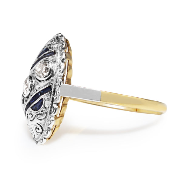 18ct Yellow and White Gold Art Deco Old Cut Diamond and Sapphire Ring