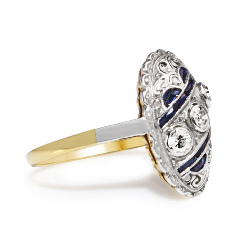 18ct Yellow and White Gold Art Deco Old Cut Diamond and Sapphire Ring