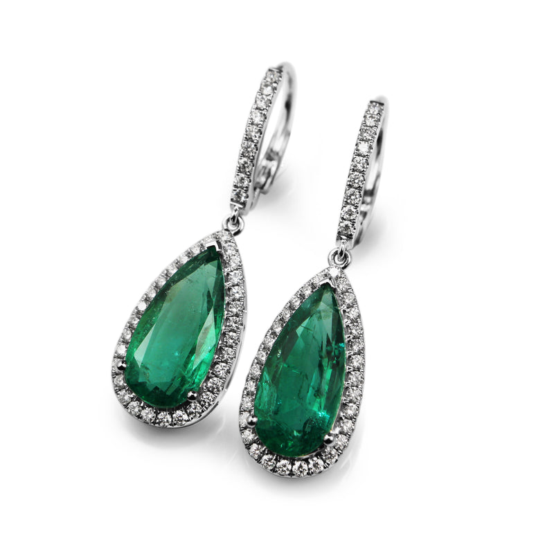 18ct White Gold Teardrop Emerald and Diamond Halo Earrings