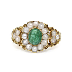 15ct Yellow Gold Antique Emerald and Pearl Daisy Ring