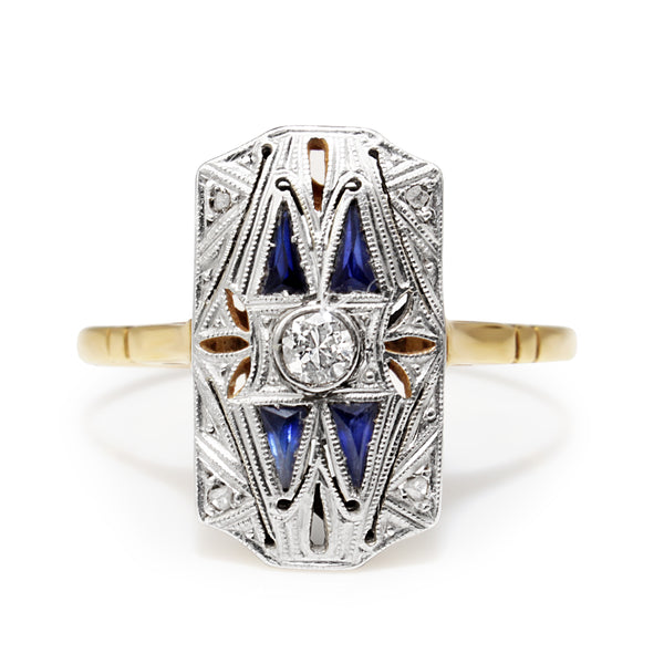 18ct Yellow and White Gold Art Deco Sapphire and Diamond Ring