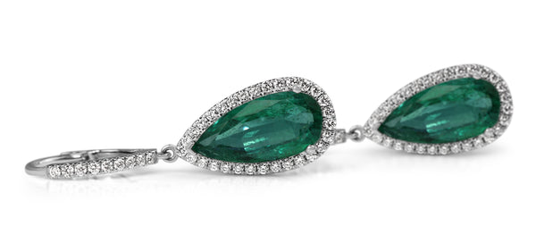 18ct White Gold Teardrop Emerald and Diamond Halo Earrings