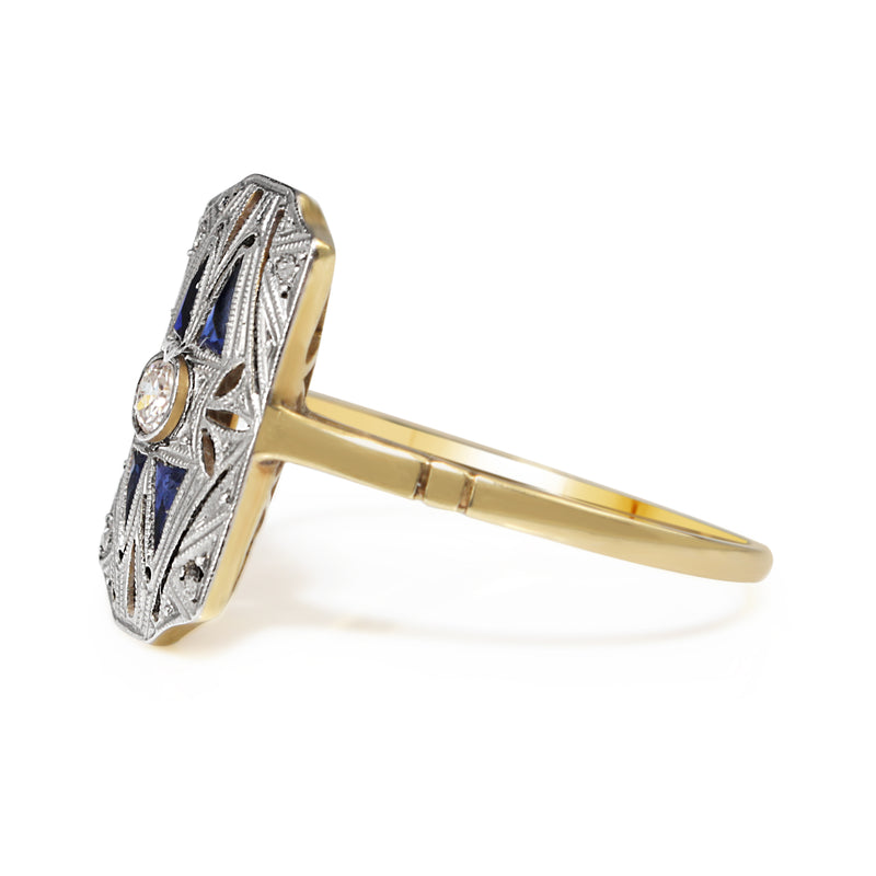 18ct Yellow and White Gold Art Deco Sapphire and Diamond Ring