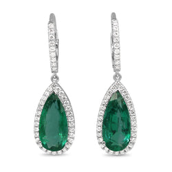 18ct White Gold Teardrop Emerald and Diamond Halo Earrings