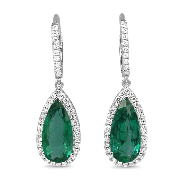 18ct White Gold Teardrop Emerald and Diamond Halo Earrings