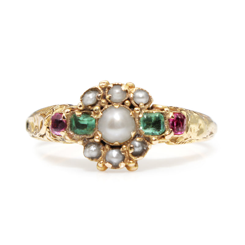 15ct Yellow Gold Antique Emerald, Pearl and Ruby Suffragette Ring