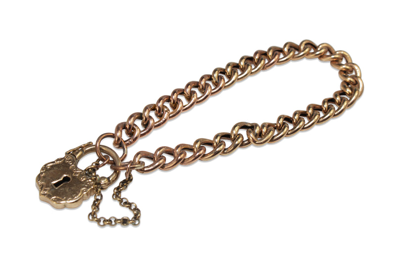 9ct Rose Gold Antique Curb Link Bracelet with Padlock Clasp