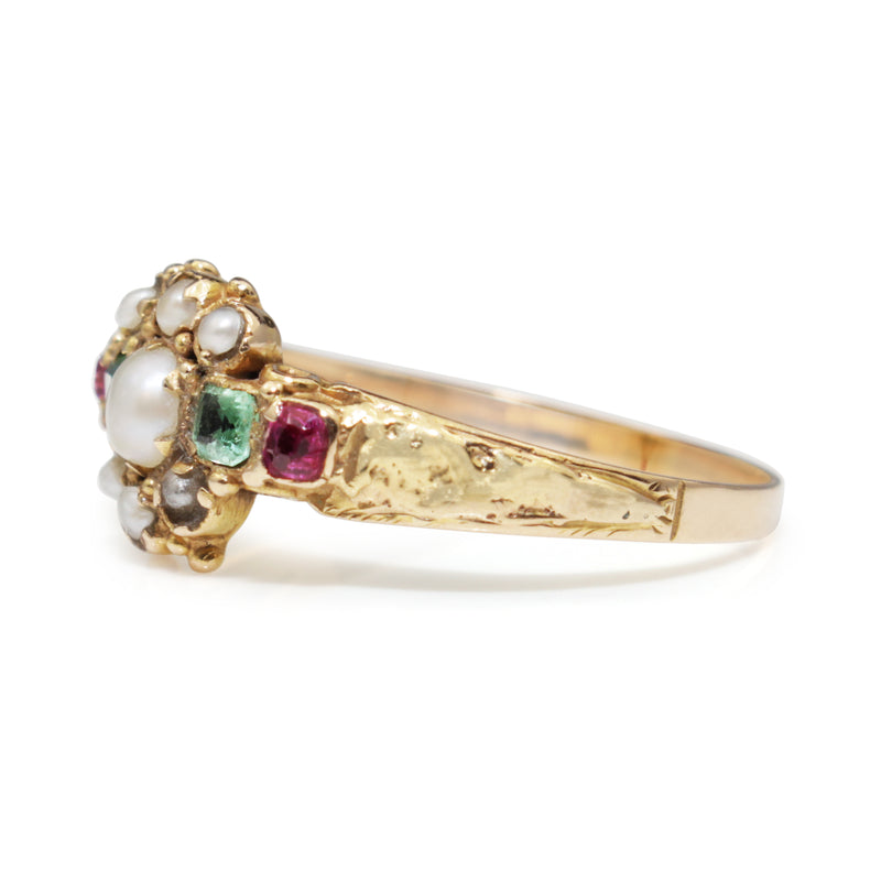 15ct Yellow Gold Antique Emerald, Pearl and Ruby Suffragette Ring