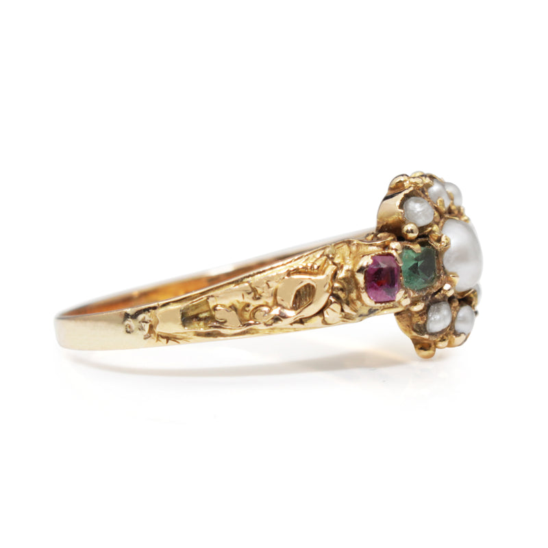 15ct Yellow Gold Antique Emerald, Pearl and Ruby Suffragette Ring