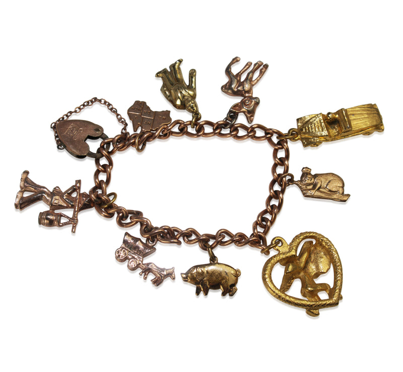 9ct Rose Gold Lined and Plated Estate Charm Bracelet with 2 x 9ct Charms