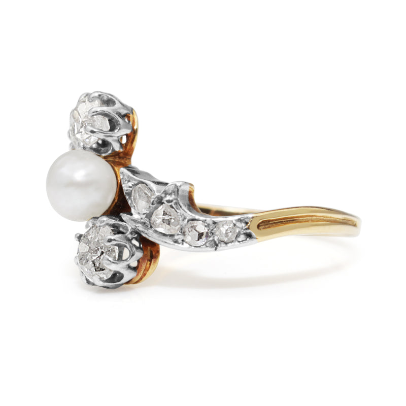 18ct Yellow and White Gold Antique Pearl and Diamond 'Moi et Toi' Ring
