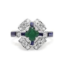 18ct Yellow and White Gold Diamond, Emerald and Sapphire Deco Style Ring