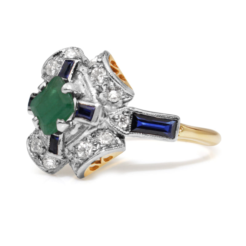 18ct Yellow and White Gold Diamond, Emerald and Sapphire Deco Style Ring