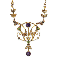 14ct Yellow Gold Antique Pearl, Amethyst and Peridot Suffragette Necklace