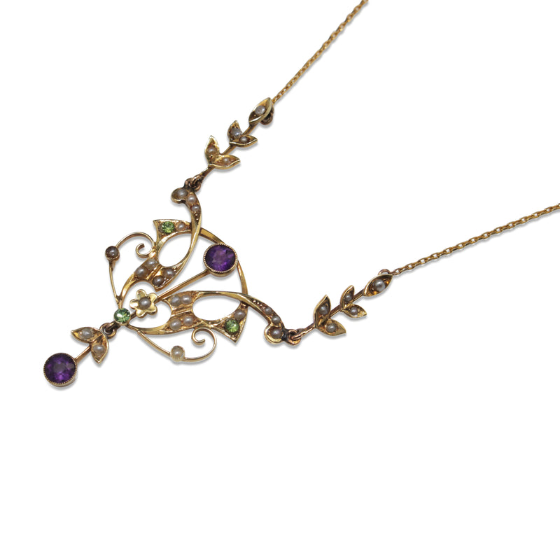 14ct Yellow Gold Antique Pearl, Amethyst and Peridot Suffragette Necklace