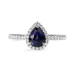 18ct White Gold Pear Sapphire and Diamond Halo Ring