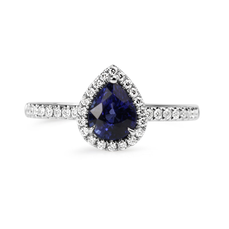 18ct White Gold Pear Sapphire and Diamond Halo Ring