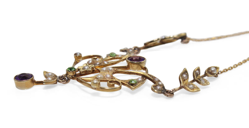 14ct Yellow Gold Antique Pearl, Amethyst and Peridot Suffragette Necklace