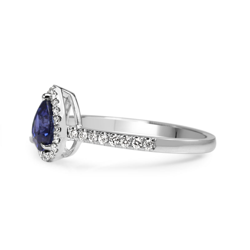 18ct White Gold Pear Sapphire and Diamond Halo Ring