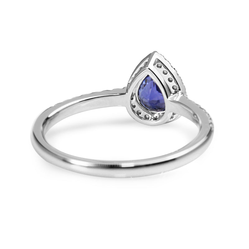 18ct White Gold Pear Sapphire and Diamond Halo Ring