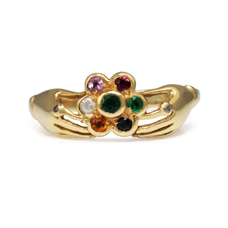 9ct Yellow Gold Diamond, Emerald, Amethyst, Sapphire and Topaz 'Dearest' Ring