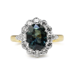 18ct Yellow and White Gold Teal Sapphire and Diamond Daisy Ring