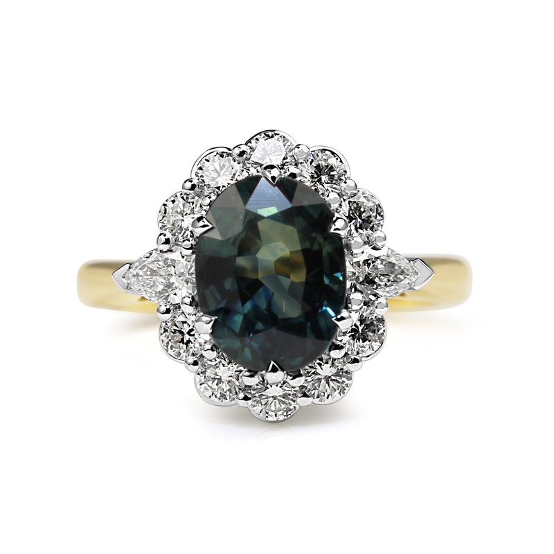 18ct Yellow and White Gold Teal Sapphire and Diamond Daisy Ring