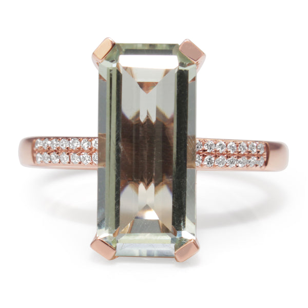 9ct Rose Gold Green Amethyst and Diamond Ring