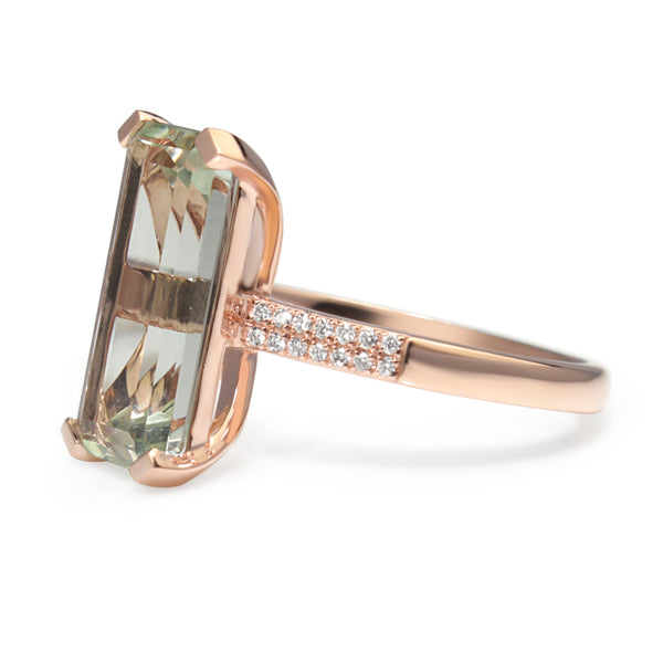 9ct Rose Gold Green Amethyst and Diamond Ring