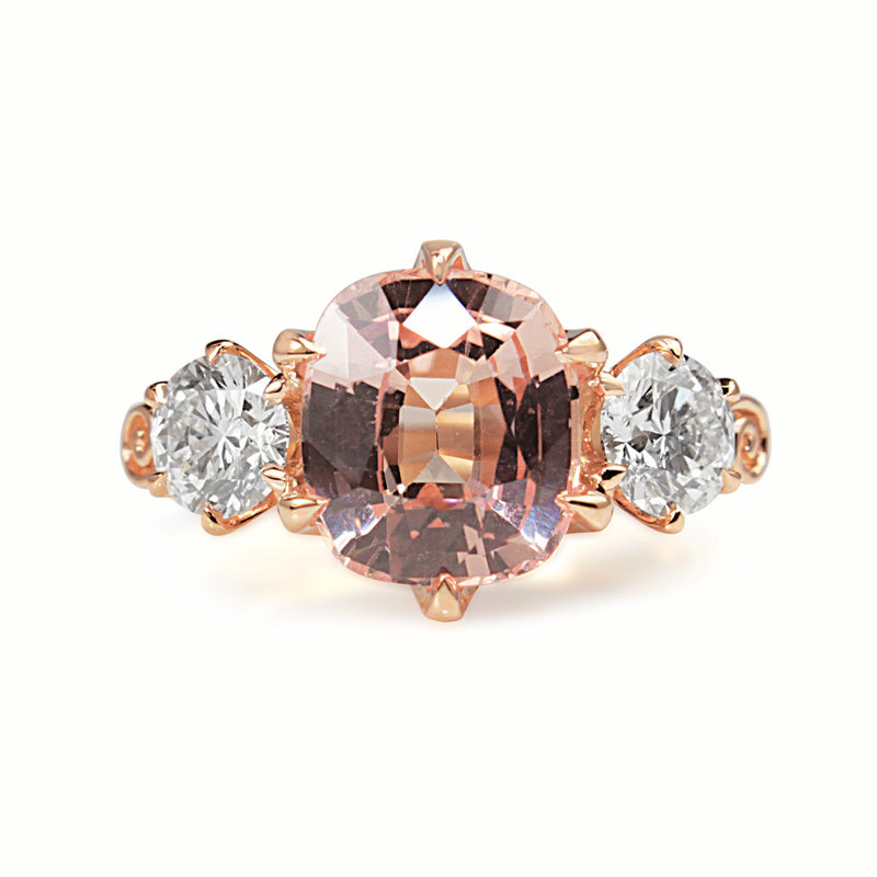 18ct Rose Gold Pink Padparadscha Sapphire and Diamond 3 Stone Ring