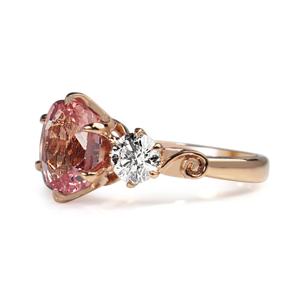 18ct Rose Gold Pink Padparadscha Sapphire and Diamond 3 Stone Ring