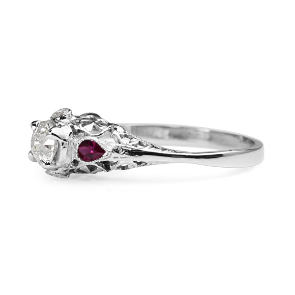 14ct White Gold Art Deco Ruby and Old Cut Diamond Ring