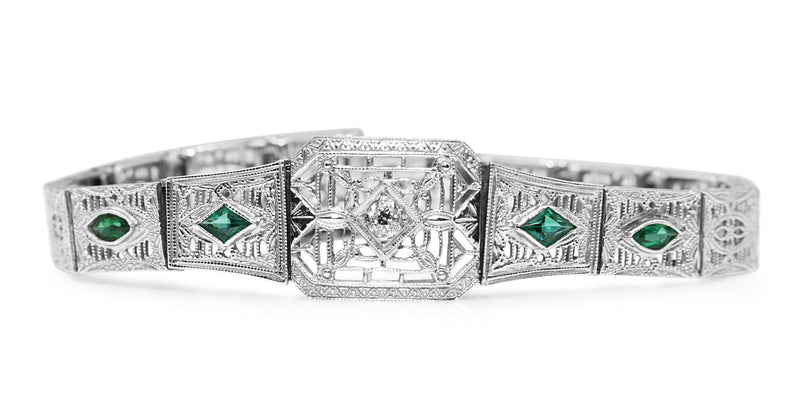 14ct White Gold Art Deco Synthetic Emerald and Old Cut Diamond Bracelet