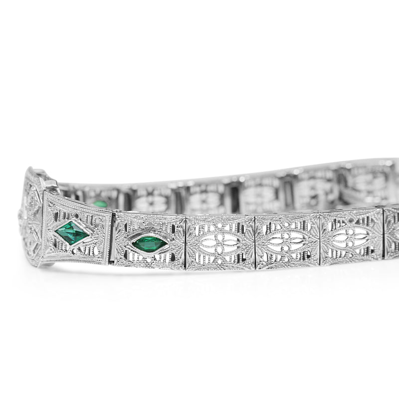 14ct White Gold Art Deco Synthetic Emerald and Old Cut Diamond Bracelet