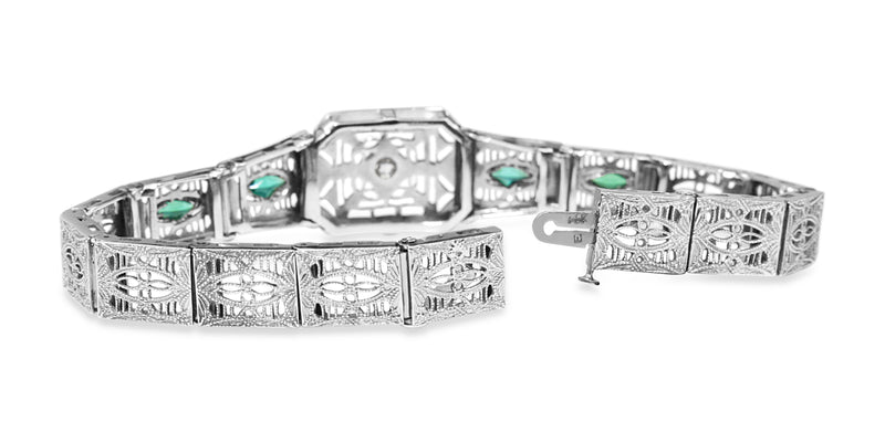 14ct White Gold Art Deco Synthetic Emerald and Old Cut Diamond Bracelet