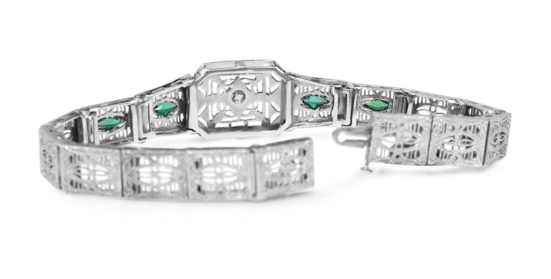 14ct White Gold Art Deco Synthetic Emerald and Old Cut Diamond Bracelet